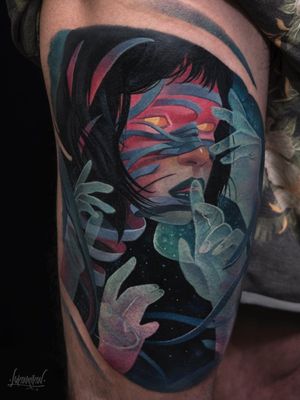 Surrealist tattoo by Andrey Lukovnikov #AndreyLukovnikov #color #portrait #surrealist #ghost #ladyhead #magic #spirit