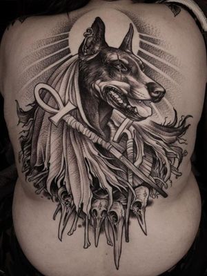 Anubis blackwork tattoo backpiece by Daniel Bacz #DanielBacz #anubis #anubistattoo #backpiece #anubisbacktattoo #blackwork