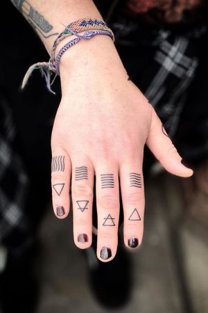 Tattoo uploaded by Pernille John • Finger tattoos featuring the 4 elements  by George Von Asgard of Requiem Tattoo Gallery #GeorgeVonAsgard  #AlchemyTattoo #Geometric #Fineline #4elements #Fire #Earth #Water #Air •  Tattoodo