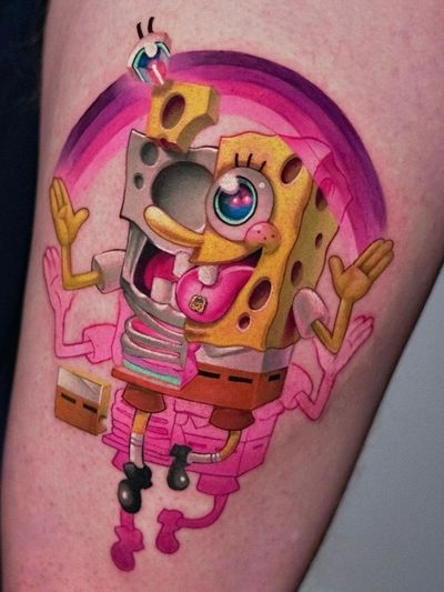 Spongebob Squarepants tattoo by Steven Compton #StevenCompton #spongebob #spongebobsquarepants #cartoon #newschool #lsd #trippy #psychedelic #rainbow #funny