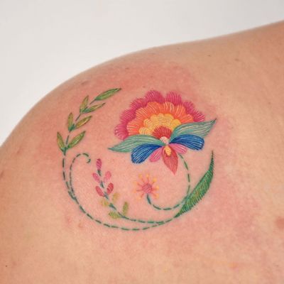 Embroidery tattoo by Fer Tattoo #FerTattoo #embroidery #color #flower #floral #plant
