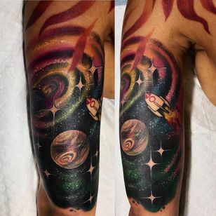 Color tattoo by Miryam Lumpini #MiryamLumpini #universe #planet #galaxy #space #spaceship #sparkle #stars #color #tattoosondarkskin #darkskintattoos