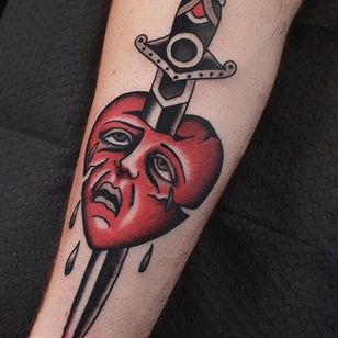 Creative take on the classic heart and dagger tattoo by Jarret Crosson #JarretCrosson #heartanddagger #heartanddaggertattoo #heart #dagger #knife