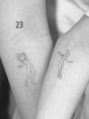 Minimalist dancing sun and moon tattoo by Christopher Valquez of West 4 Tattoo #ChristopherValquez #sun&moonTattoo #smalltattoo #fineline #dancing #sun #moon #matchingtattoo