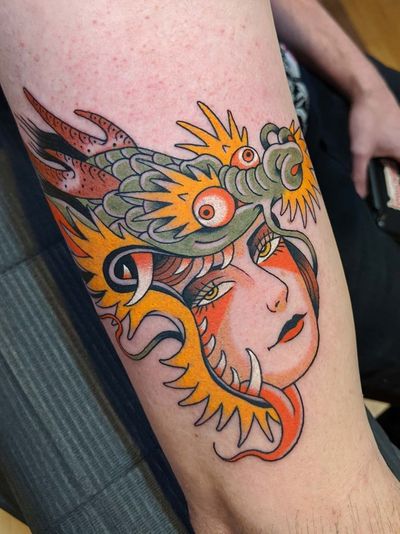 Dragon arm tattoo with lady head by Zach Black #ZachBlack #color #tradiitonal #japanese #mashup #dragonarmtattoo #dragontattoos #dragontattoo #dragon #mythicalcreature #myth #legend #magic #fable 