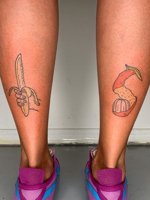 Fruit tattoos by Shannon Wolf #ShannonWolf #bananas #oranges #illustrative #tattoosondarkskin #darkskintattoos