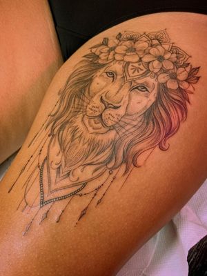 lion tattoo by Jade Chanel #JadeChanel #illustrative #lion #animal #ornamental #flower #floral #nature #tattoosondarkskin #darkskintattoos