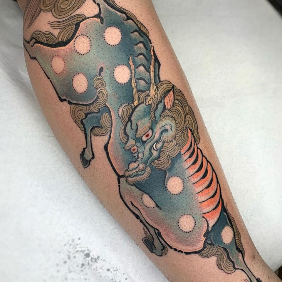 Kirin tattoo by Alejandro Monea #AlejandroMonea #Kirin #kirintattoo #japanesetattoos #japanese #irezumi #japanesemythology #mythology 