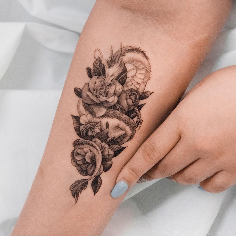 Flower dragon tattoo by Ghinko #ghinko #illustrative #flower #rose #fineline #dragontattoos #dragontattoo #dragon #mythicalcreature #myth #legend #magic #fable