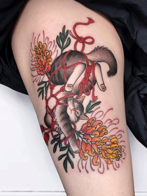 Shibari tattoo by Keira Tattoo #KeiraTattoo #shibari #shibaritattoo #ropebondage #cat #kitty #flower #floral #japanesetattoos #japanese #irezumi #japanesemythology #mythology 