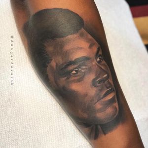 Muhammad Ali portrait tattoo by Danger Dave Ink #DangerDaveInk #muhammadali #portraitattoo #portrait #blackandgrey #sports #tattoosondarkskin #darkskintattoos