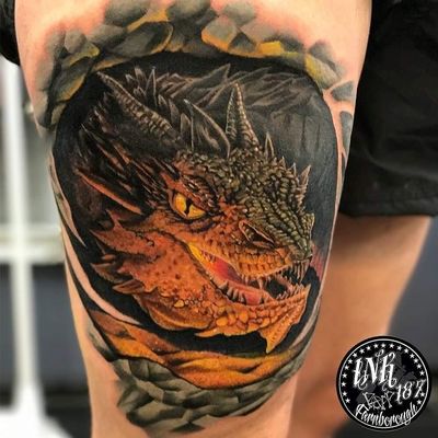 Smaug tattoo by ink187uk #ink187uk #smaug #smaugtattoo #dragontattoos #dragontattoo #dragon #mythicalcreature #myth #legend #magic #fable