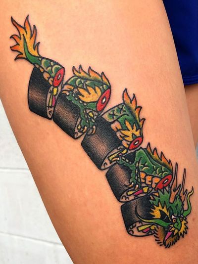 Sushi dragon tattoo by Mike Reed #MikeReed #dragontattoos #dragontattoo #dragon #mythicalcreature #myth #legend #magic #fable #sushi #traditional