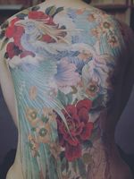 Back tattoo by Kubrick Ho #KubrickHo #KubrickGood #backtattoo #backpiece #phoenix #bird #feathers #backtattoo #flower #floral #nature 
