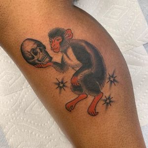 Monkey tattoo by Jalen Frizzell #JalenFrizzell #Monkey #Monkeytattoo #skull #sparkle #stars #tattoosondarkskin #darkskintattoos