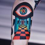 Eye tattoo by David Peyote #DavidPeyote #eye #color #surreal #graphicart #architecture #trippy 