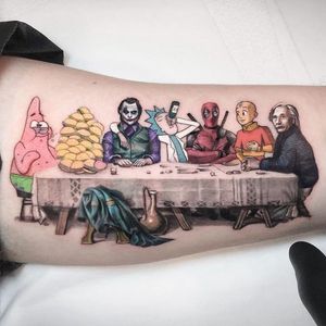 Last Supper tattoo by Kozo Tattoo #KozoTattoo #lastsupper #realism #realistic #illustrative #newschool #portrait #spongebob #patrick #thejoker #rickandmorty #thelastairbender #airbender #anime #einstein #deadpool 