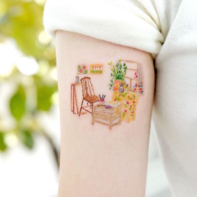 Illustrative watercolor tattoo by Ovenlee #Ovenlee #OvenleeTattoo #StudioBySol #watercolor #illustrative #colorpencil #sketch #cute #chair #plant #stilllife #home