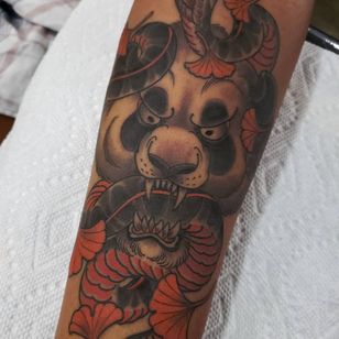 Japanese tattoo by Wes Holland #WesHolland #japanese #panda #snake #leaves #tattoosondarkskin #darkskintattoos