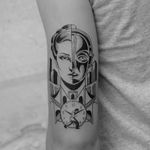 Metropolis tattoo by Sixosantos #Sixosantos #comicbook #graphicart #comics #metropolis #portrait #robot #lady #clock #blackwork