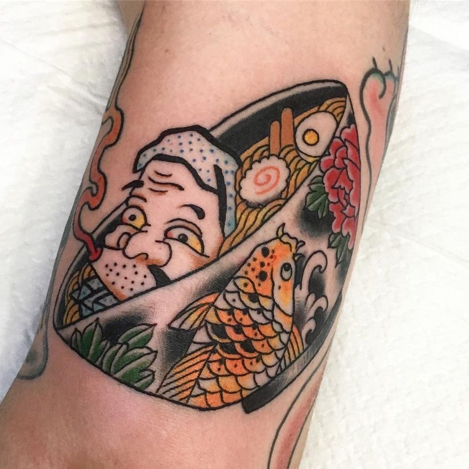 Hyottoko tattoo by Tom Tom Tattoo #TomTomTattoo #hyottoko #hyottokotattoo #koi #ramen #noodles #food #japanesefood #japanesetattoos #japanese #irezumi #japanesemythology #mythology 