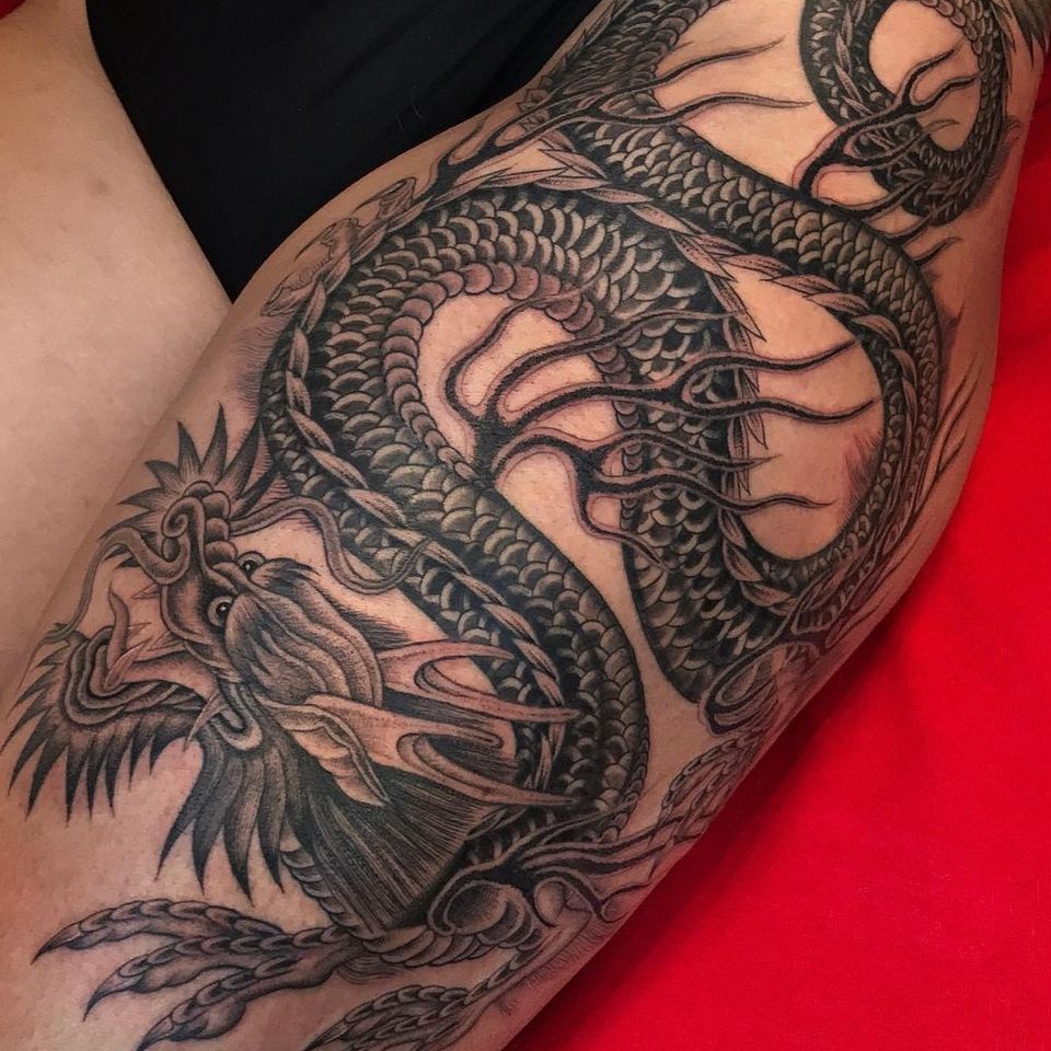 dragon thigh tattoo by ilegal aka juan diego #ilegal #juandiegoprieto #dragonthightattoo #dragontattoos #dragontattoo #dragon #mythicalcreature #myth #legend #magic #fable