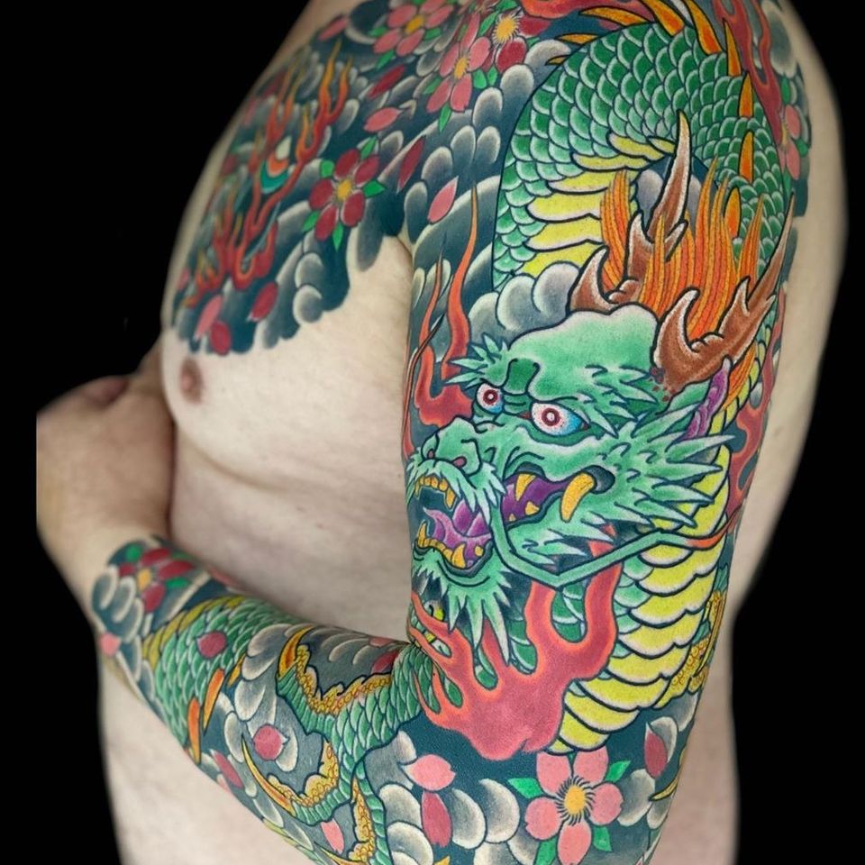 Dragon sleeve tattoo by Henning of Royal Tattoo #Henning #HenningJorgensen #dragonsleevetattoo #dragonsleeve #japanese #irezumi #dragontattoos #dragontattoo #dragon #mythicalcreature #myth #legend #magic #fable