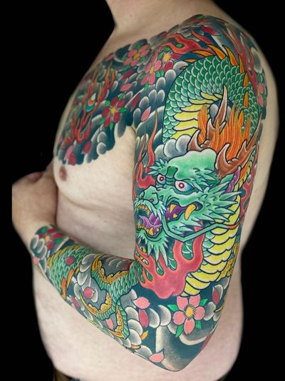 Dragon sleeve tattoo by Henning of Royal Tattoo #Henning #HenningJorgensen #dragonsleevetattoo #dragonsleeve #japanese #irezumi #dragontattoos #dragontattoo #dragon #mythicalcreature #myth #legend #magic #fable