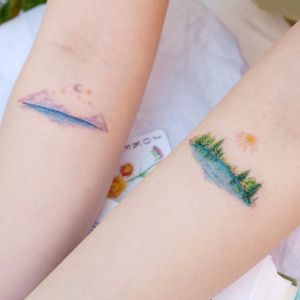 Illustrative watercolor tattoo by Ovenlee #Ovenlee #OvenleeTattoo #StudioBySol #watercolor #illustrative #colorpencil #sketch #cute #landscape #seascape #nature #forest #moon #sun #tree