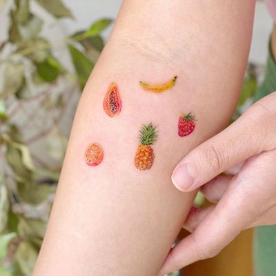 Illustrative watercolor tattoo by Ovenlee #Ovenlee #OvenleeTattoo #StudioBySol #watercolor #illustrative #colorpencil #sketch #cute #passionfruit #orange #pineapple #strawberry #banana #fruit #food #tropical #vacation