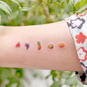 Illustrative watercolor tattoo by Ovenlee #Ovenlee #OvenleeTattoo #StudioBySol #watercolor #illustrative #colorpencil #sketch #cute #watermelon #grapes #pineapple #kiwi #orange #fruit #food #tropical #vacation