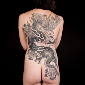 Dragon tattoo by Tom Tom Tattoos #TomTomTattoos #dragon #ryu #dragontattoo #fire #backpiece #backtattoo #japanesetattoos #japanese #irezumi #japanesemythology #mythology 