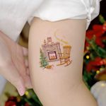 Illustrative watercolor tattoo by Ovenlee #Ovenlee #OvenleeTattoo #StudioBySol #watercolor #illustrative #colorpencil #sketch #cute #christmas #fireplace #rockingchair #memory #xmas #christmastree #christmasdecoration