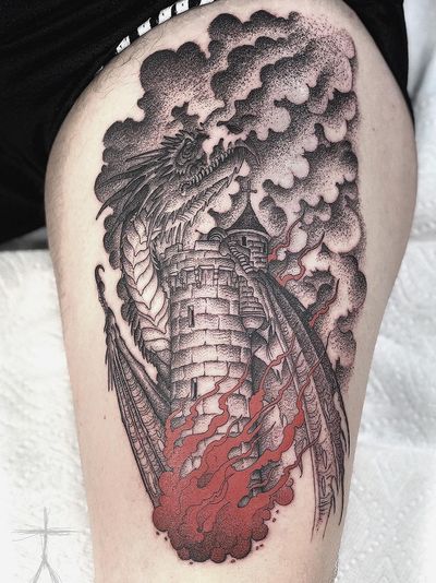 Dragon tattoo by Christopher Jade aka xcjxtattooer #christopherjade #xcjxtattooer #dragontattoos #dragontattoo #dragon #mythicalcreature #myth #legend #magic #fable #linework #blackwork #illustrative #medieval #fire #smoke #dotwork 