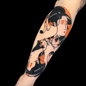 Geisha and Neko tattoo by Emanuele Sircana #EmanueleSircana #neko #geisha #Japanesecat #cattattoo #japanesetattoos #japanese #irezumi #japanesemythology #mythology 