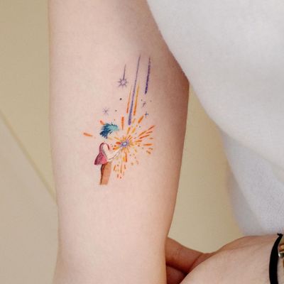 Illustrative watercolor tattoo by Ovenlee #Ovenlee #OvenleeTattoo #StudioBySol #watercolor #illustrative #colorpencil #sketch #cute #howlsmovingcastle #howl #star #heart #fireworks #sparkle #movie #studioghibli