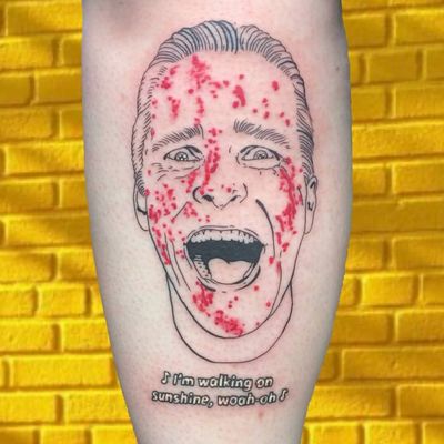 American Psycho tattoo by Lara aka 90sdolphintattoo #Lara #90sdolphintattoo #LaraThomsonEdwards #AmericanPsycho #movie #film #blood #bloodsplatters #funny #walkingonsunshine #music #ChristianBale #portrait