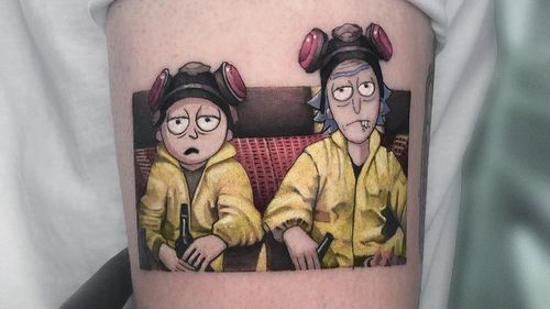 Breaking Bad X Rick and Morty tattoo by Kozo Tattoo #KozoTattoo #rickandmorty #breakingbad #tv #tvseries #cartoon #animated #television #popculture
