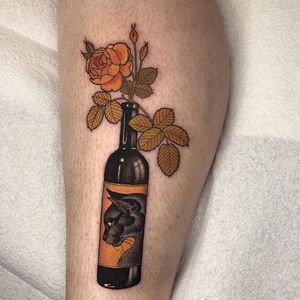 Neo-Traditional cat tattoo by Hannah Flowers #HannahFlowers #neotraditionalcattattoo #cattattoo #neotraditional #bottle #wine #flowers #roses #artnouveau #cattattoos #cattattoo #kittytattoo #kitty #cat #petportrait #animal #nature