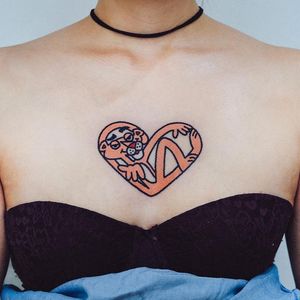 Pink Panther tattoo by Woo Loves Woo #WooLovesYou #pinkpanthertattoo #pinkpanther #heart #chesttattoo #cartoon #cattattoos #cattattoo #kittytattoo #kitty #cat #petportrait #animal #nature
