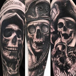 Three different black and grey pirate skulls by Giovanni Speranza #GiovanniSperanza #sailortattoo #skulltattoo #piratetattoo #blackandgreytattoo