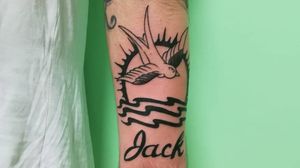 Jack Sparrow blackwork tattoo by Paolo Vitali #Paolo Vitali #sailortattoo #piratesofthecaribbean #swallowtattoo #jacksparrow #pirate #bird