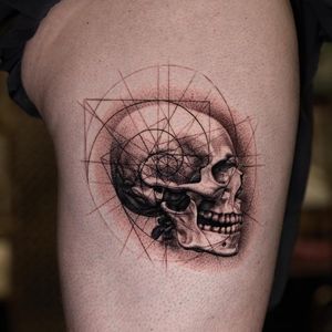 Skull tattoo by Kiljun #Kiljun #SeoulInkTattoo #Seoul #Korea #Seoultattoo #Seoultattooartist #Seoultattooshop #skull #fibonaccispiral #realism #sacredgeometry #linework