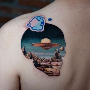 Surreal spaceship tattoo by Camoz #Camoz #SeoulInkTattoo #Seoul #Korea #Seoultattoo #Seoultattooartist #Seoultattooshop #color #ufo #spaceship #planet #landscape #surreal