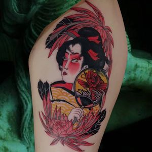 Japanese tattoo by Lara aka 90sdolphintattoo #Lara #90sdolphintattoo #LaraThomsonEdwards #Japanese #Japaneseinspired #geisha #kimono #koi #fan #chrysanthemum #flower #floral #lady 