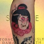 Japanese tattoo by Lara aka 90sdolphintattoo #Lara #90sdolphintattoo #LaraThomsonEdwards #Japanese #Japaneseinspired #geisha #smoke #cigarette #lady #portrait