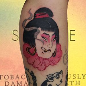 Japanese tattoo by Lara aka 90sdolphintattoo #Lara #90sdolphintattoo #LaraThomsonEdwards #Japanese #Japaneseinspired #geisha #smoke #cigarette #lady #portrait