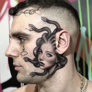 Face tattoo by Rems Tattoo #RemsTattoo #facetattoo #sidefacetattoo #medusa #blackandgrey #snakes #ladyhead #lady #portrait