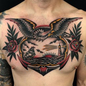 Seascape and eagle by Zach Nelligan #ZachNelligan #sailortattoo #shiptattoo #eagletattoo #traditional #rose #lighthouse #ocean #anchor