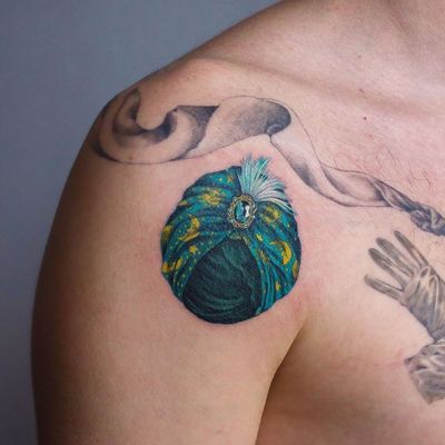 Tattoo by Anya Tsyna #AnyaTsyna #illustrative #realism #color #surreal #strange #unique #gems #diamond #ornamental #jewelry #fineart #turban #feather